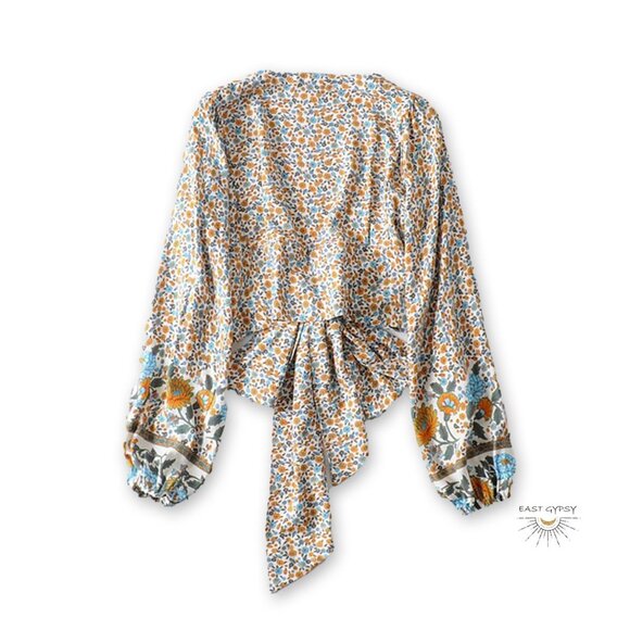 Floral Tie-Front Crop Top - Blue and Orange - Picture 5 of 10